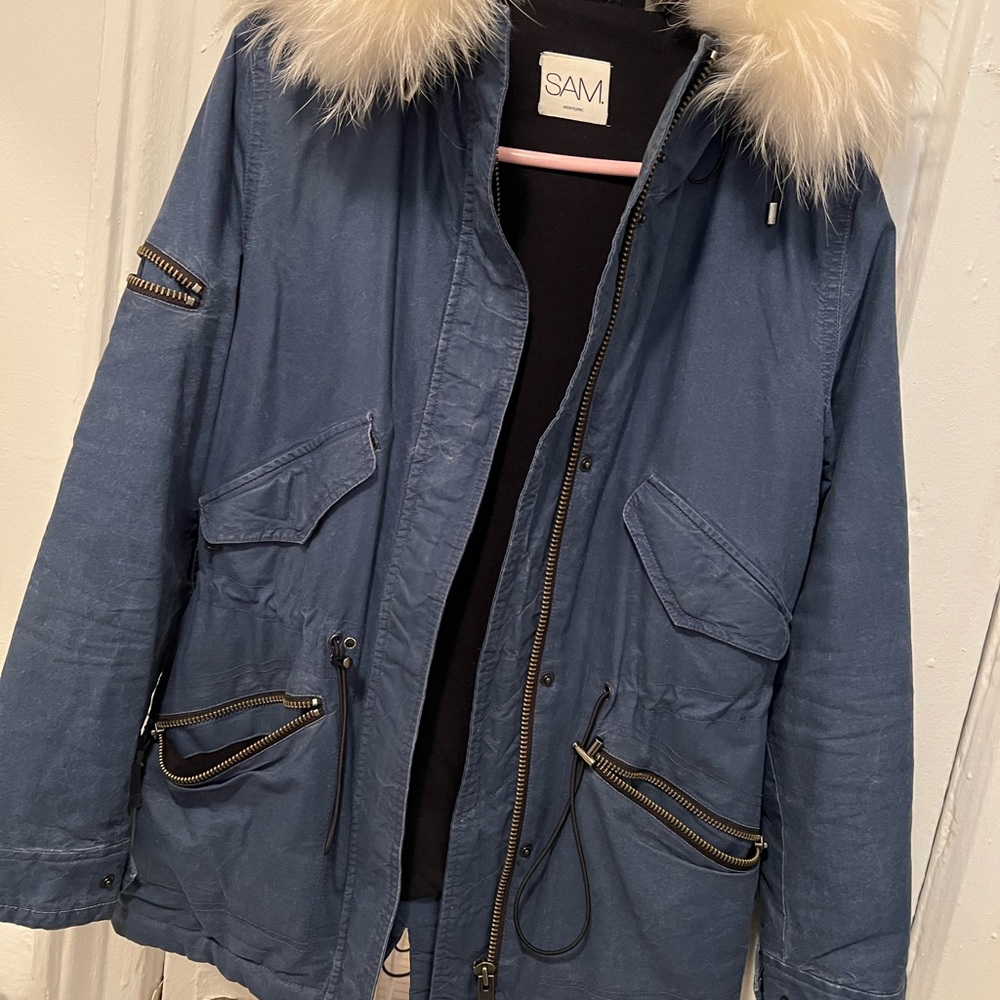 SAM jacket with white fur hood trim